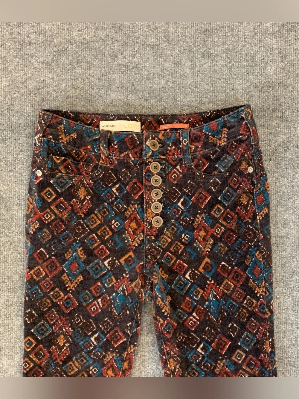 Anthropologie Pilcro Rust Tribal Corduroy Hi Rise Skinny Button Pants Sz 29